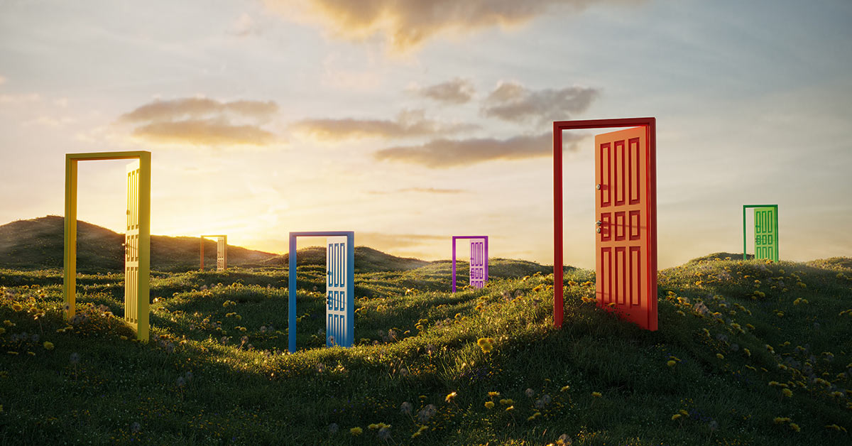 image of a selection of opened doors on a field of rolling hills
