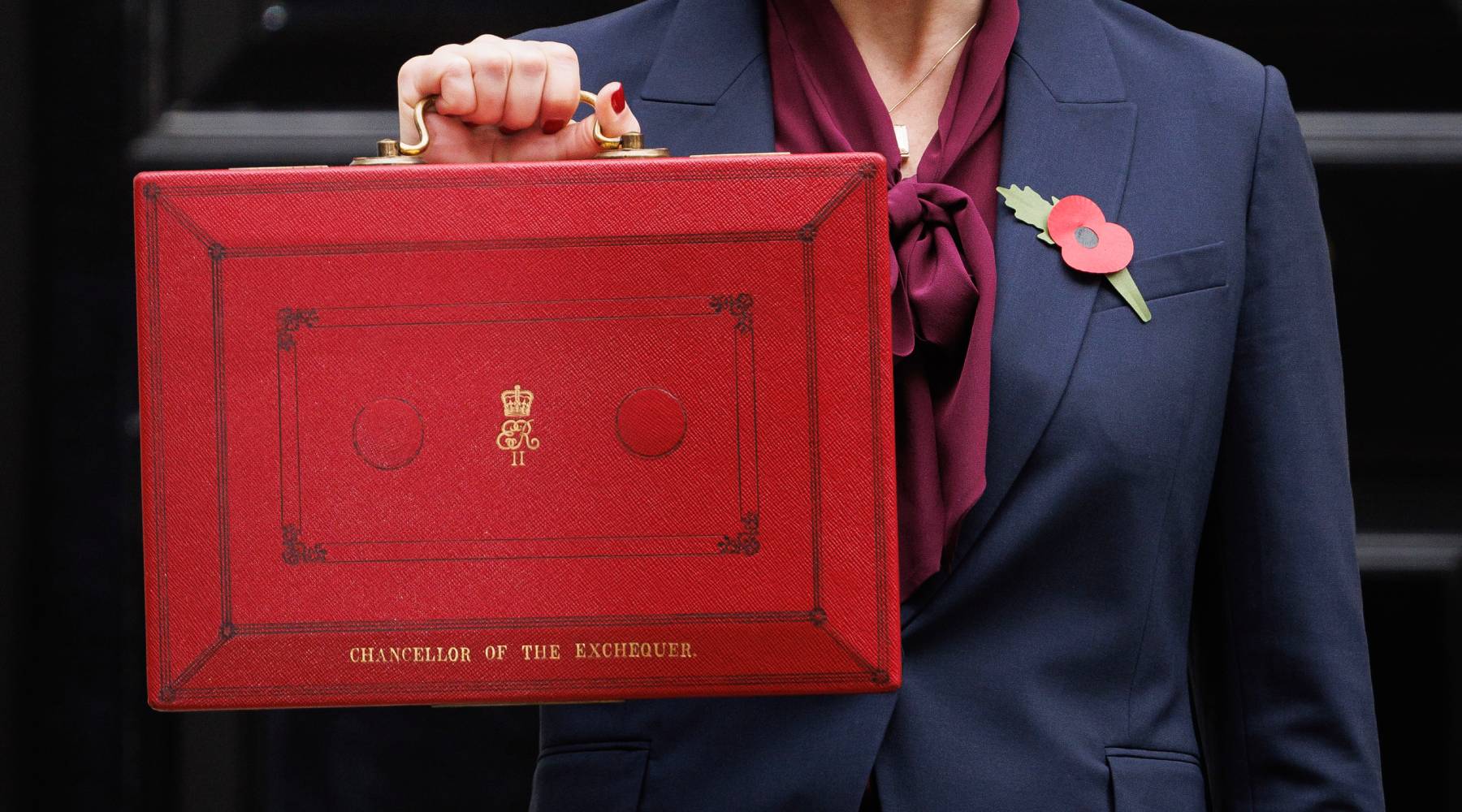 Rachel Reeves UK Chancellor holds the red box aloft outside number 11 Downing Street
