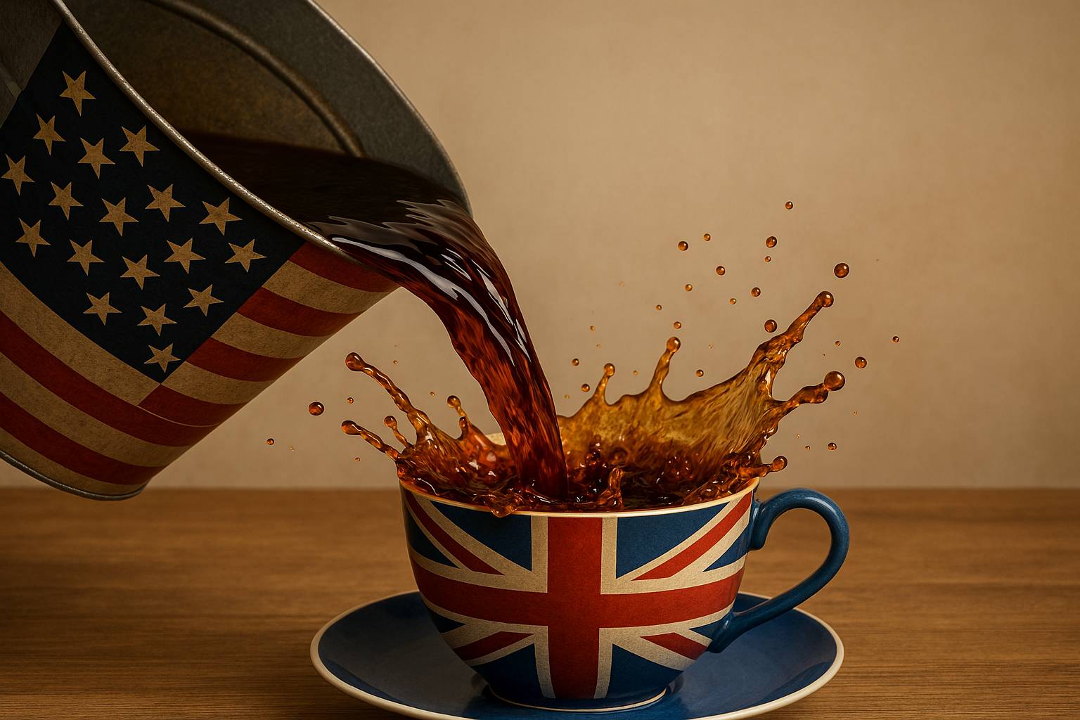 An American-flagged bucket pours tea into a British tea cup