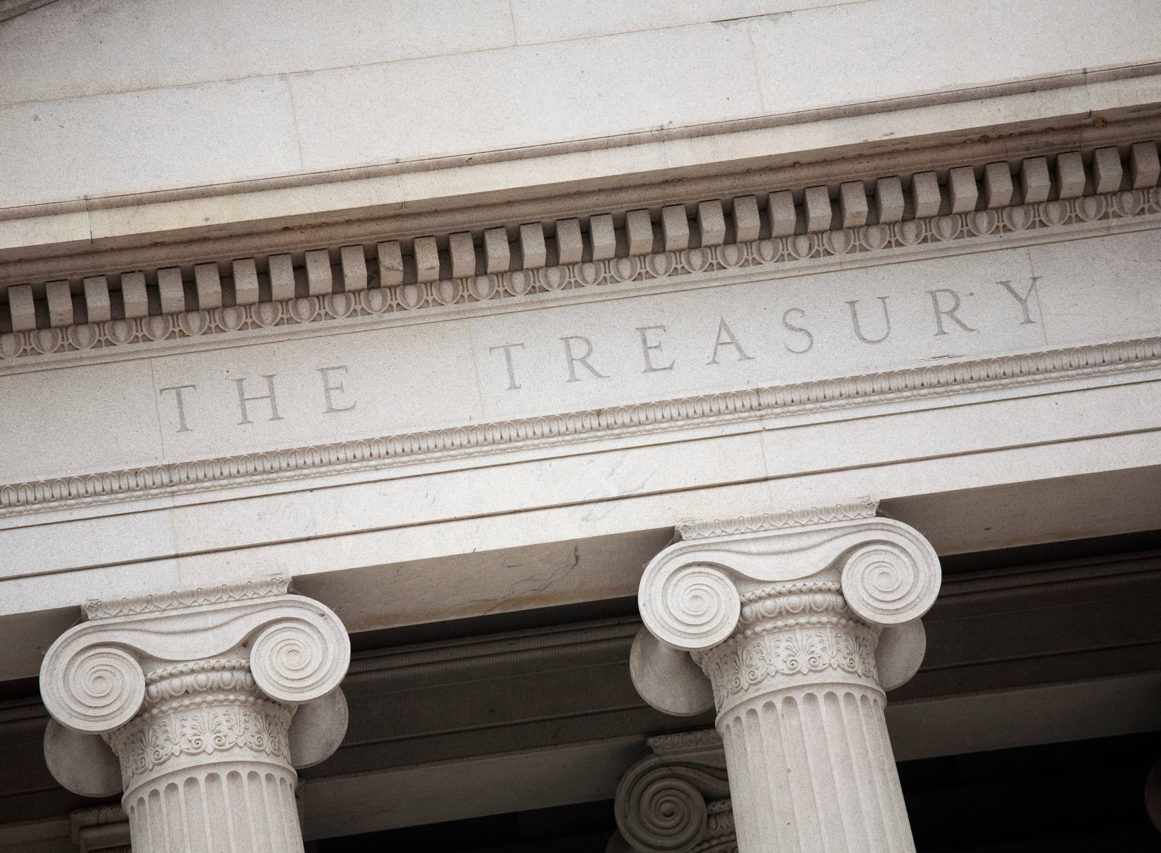 Close up photo of the front of the Treasury building