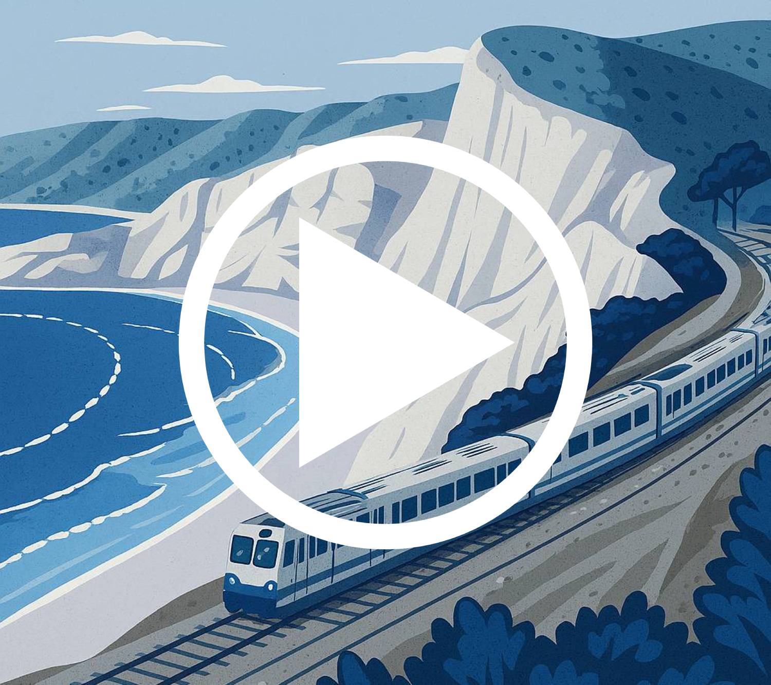 An illustration of a train moving alongside an English beach, with a large play icon over the top of the image