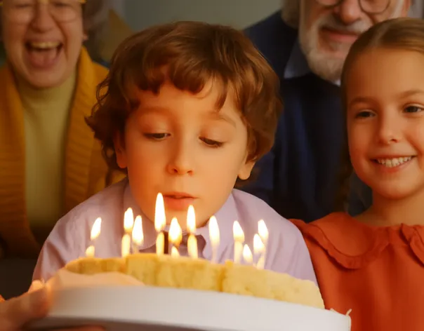 Boy blowing out birthday candles
