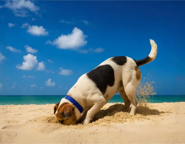 A dog digs in the sand at a beach, trying to find something
