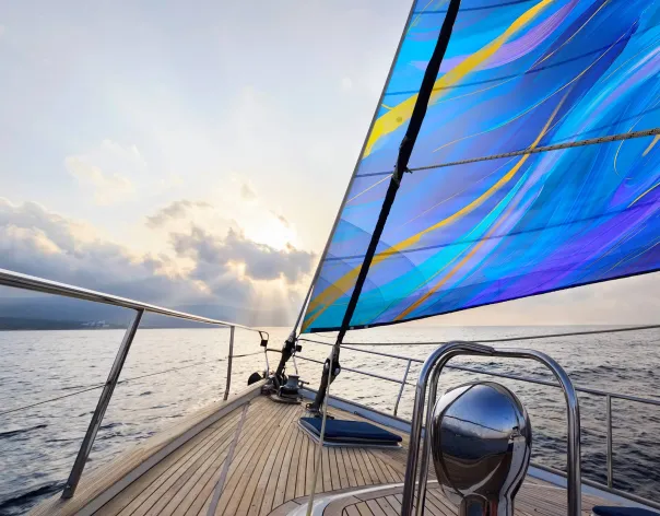 Looking towards the horizon from the deck of a yacht with a blue main sail