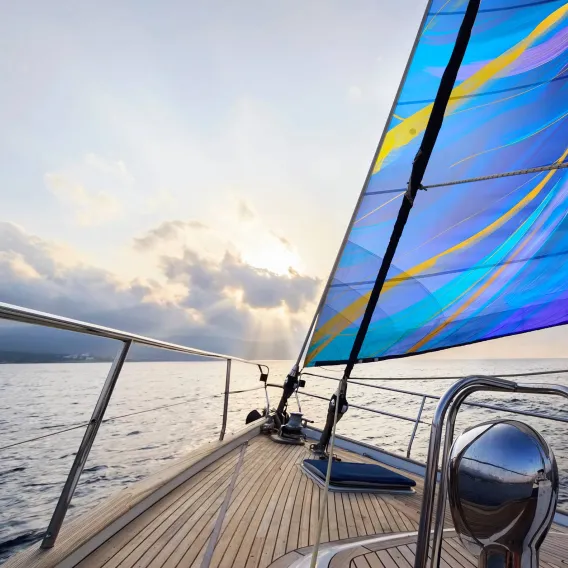 Looking towards the horizon from the deck of a yacht with a blue main sail