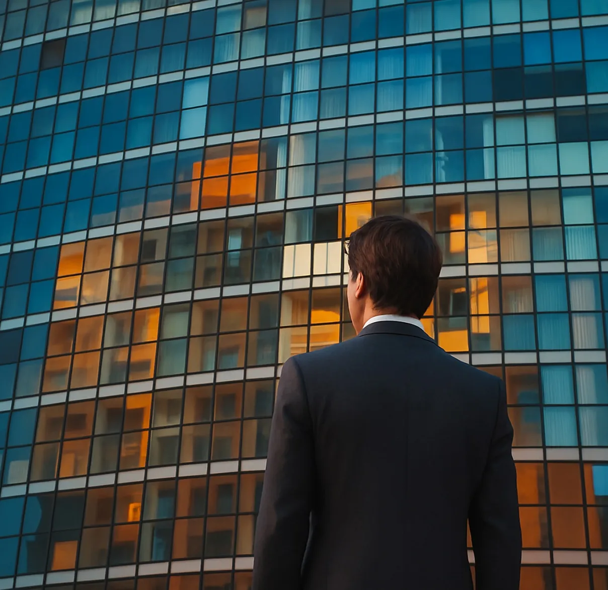 Man looking up a building