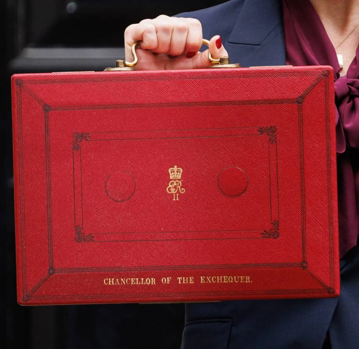 Rachel Reeves UK Chancellor holds the red box aloft outside number 11 Downing Street