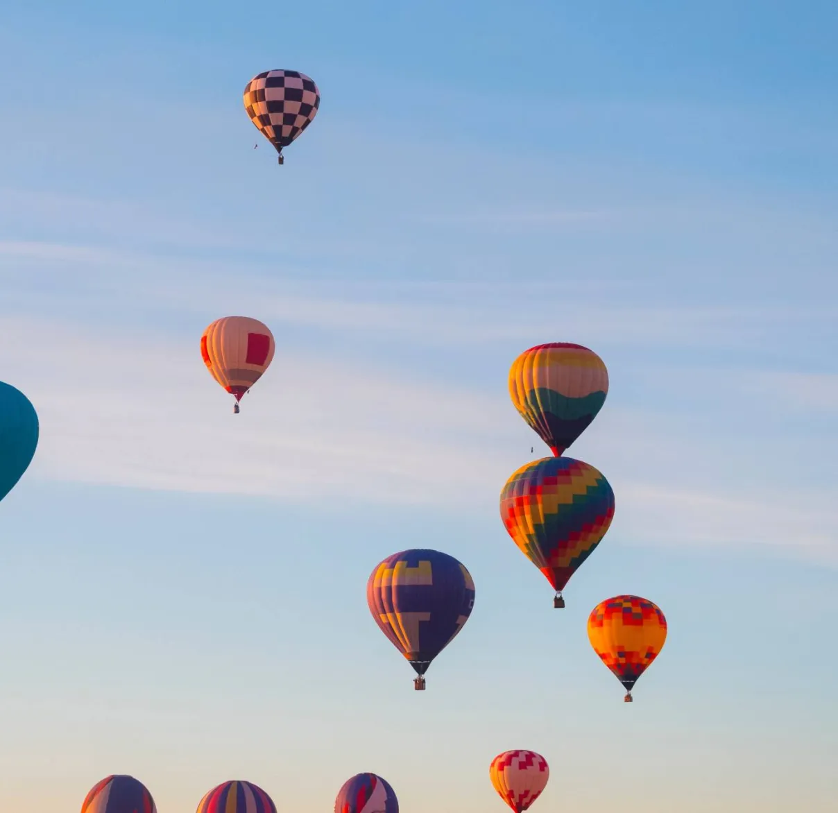 Hot air balloons rise up into the sky together