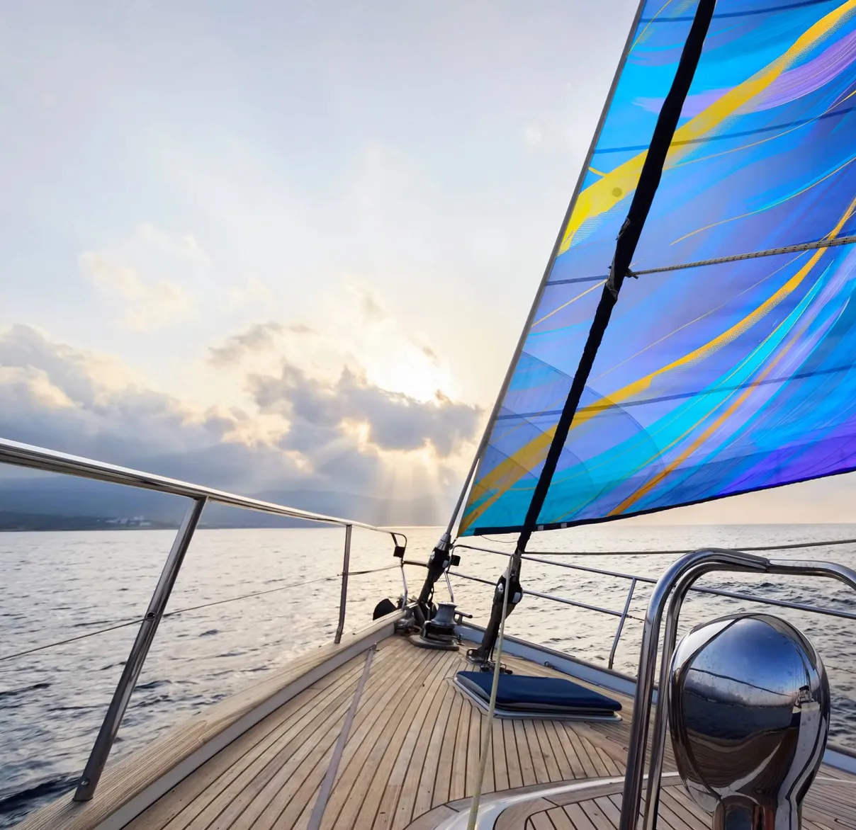 Looking towards the horizon from the deck of a yacht with a blue main sail