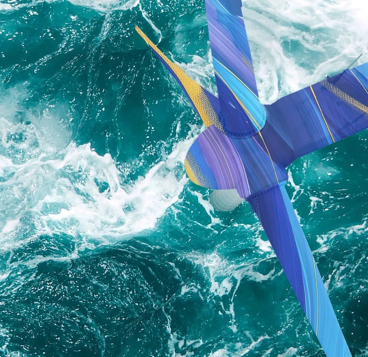 A sea turbine turns while choppy waters swirl around its base