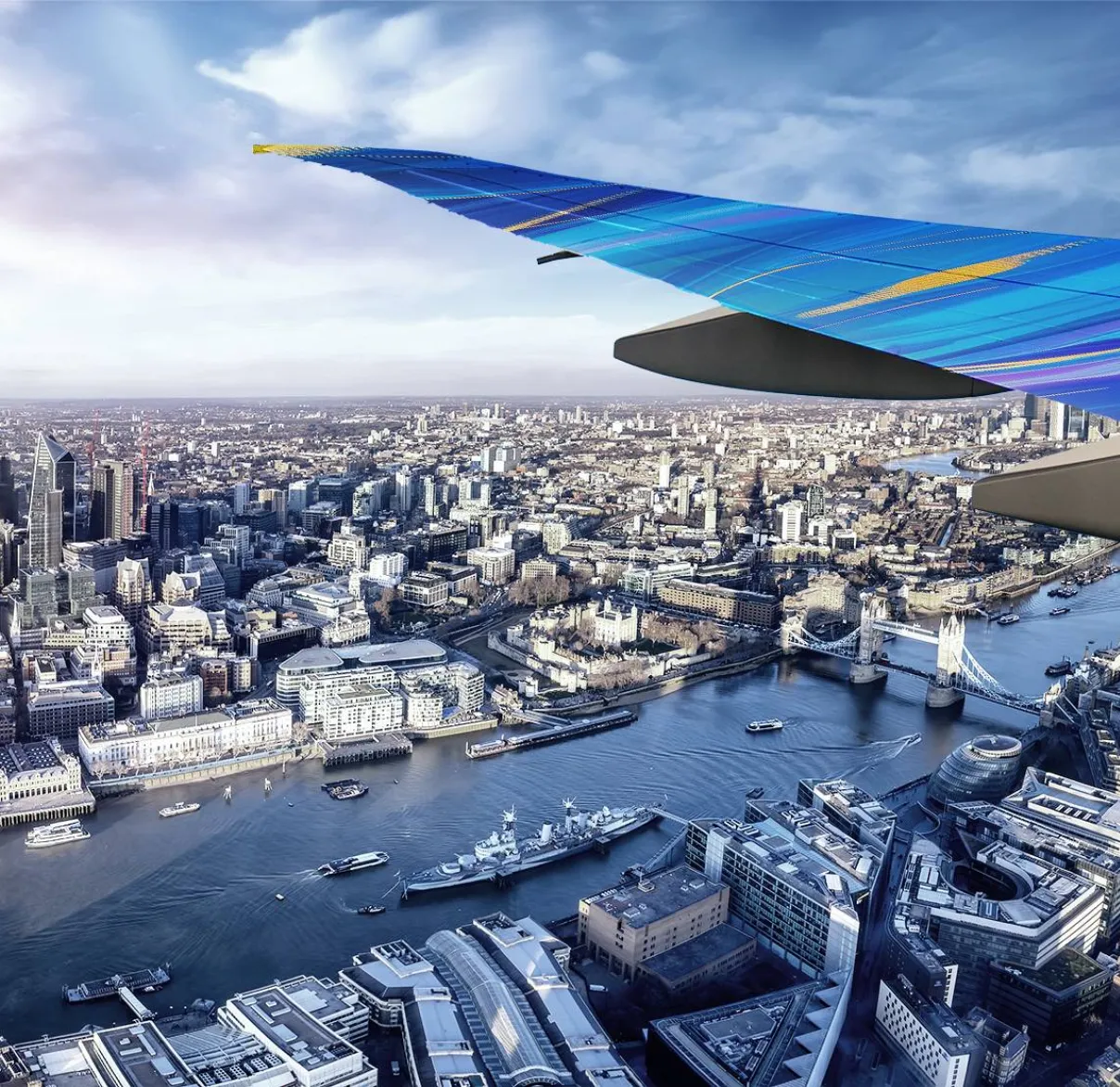 A view of the Square Mile financial district in London from the window of a plane flying overhead