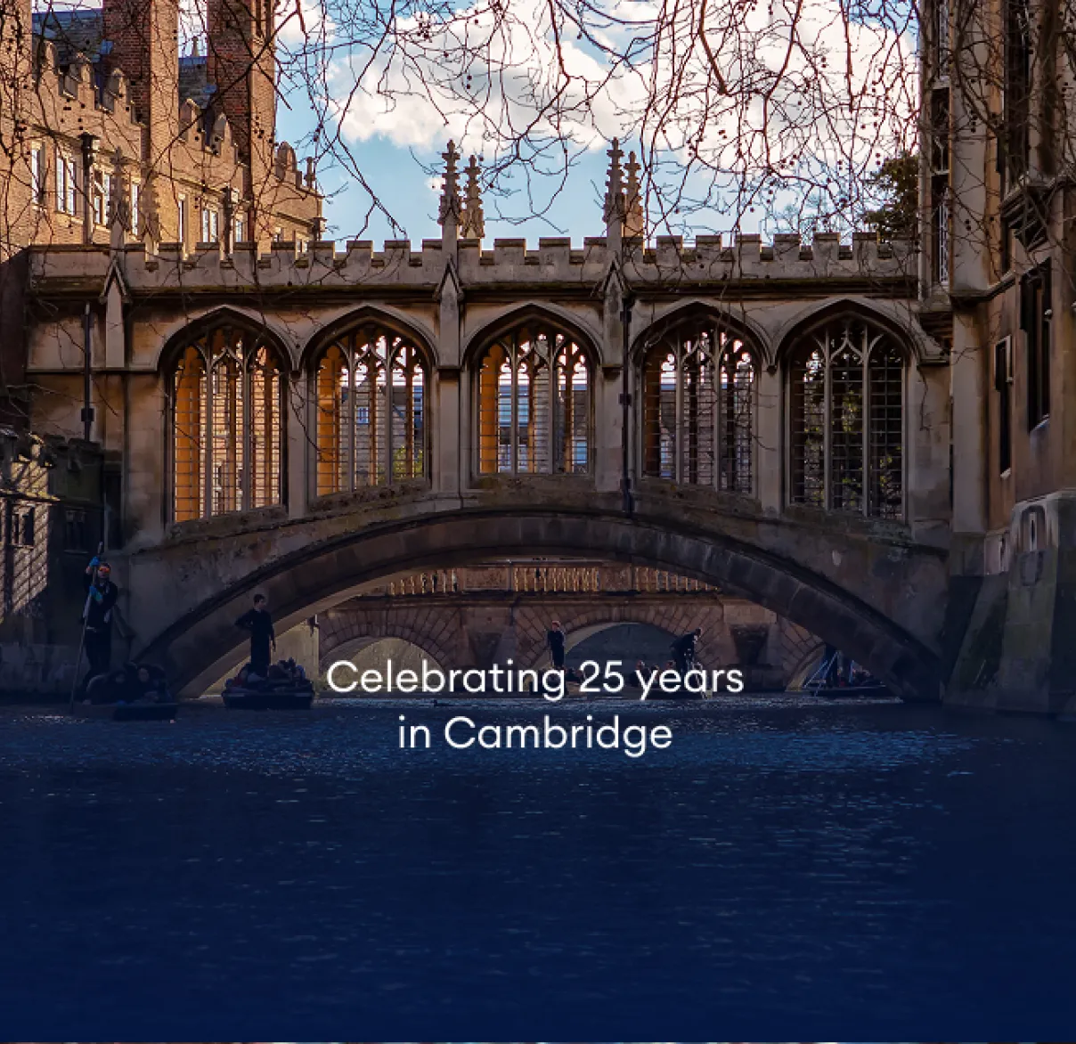 A view of the Bridge of Sighs at St John's College in Cambridge with 'Celebrating 25 years in Cambridge' written underneath