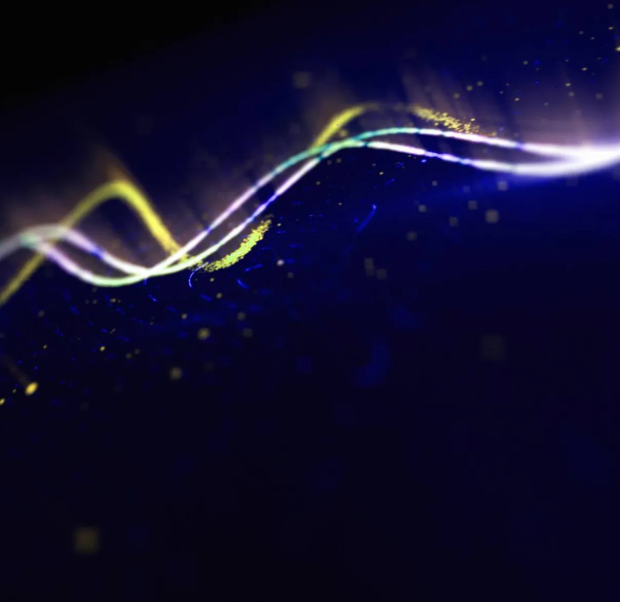 Wave-like lines of electric colour pulse across a dark background