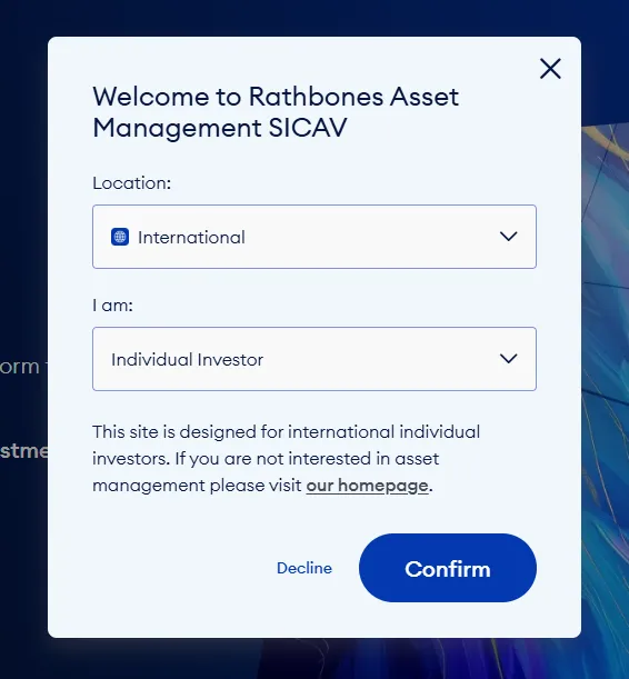 The location and audience selector that visitors to the Asset Management part of our site see when they first visit
