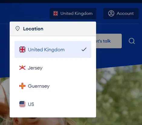 A screengrab of the location and language selector tool on our website