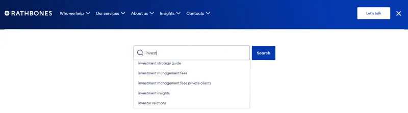 A screengrab of our website's search functionality, with suggestions appearing as the user types
