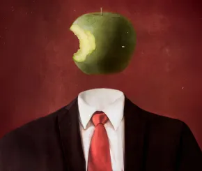 Surreal illustration of a headless figure in a black suit, white shirt, and red tie, with a green apple bearing a large bite floating where the head should be, set against a dark red textured background.