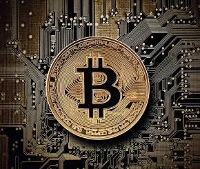 An illustration of a golden bitcoin coin sitting on top of circuit boards