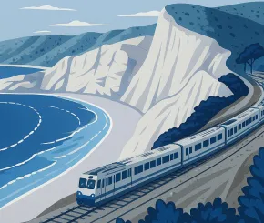 An illustration of a train running along the British coastline