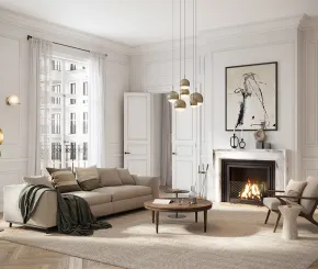 Sofa and chair near a fire place of an expensively furnished house