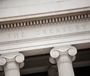 Close up photo of the front of the Treasury building