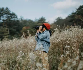 Person in field with binoculars
