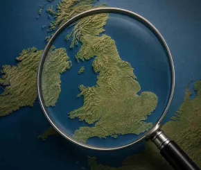 UK map with magnifying glass