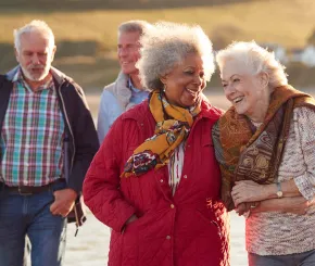 image of windswept elderly individuals walking arm in arm along a beach