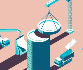 Graphic illustration of building with stack of coins