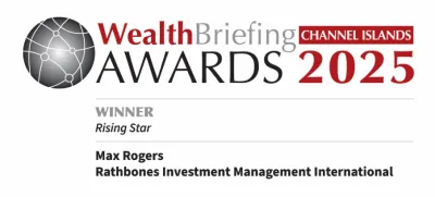 The award badge for Max Rogers for winning Rising Star at the Wealth Briefing Awards for 2025