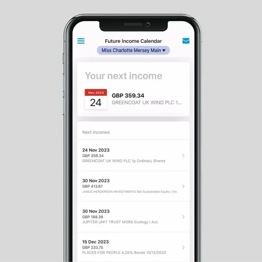 A view of the MyRathbones app showing upcoming interest and dividend payments
