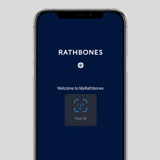 A view of the MyRathbones app showing the secure log in functionality, such as Face ID