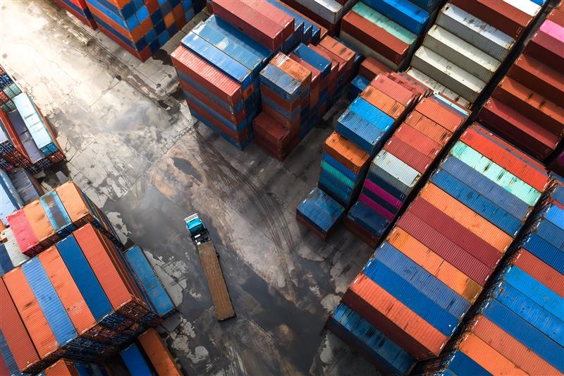 image of shipping containers in a shipping yard from above